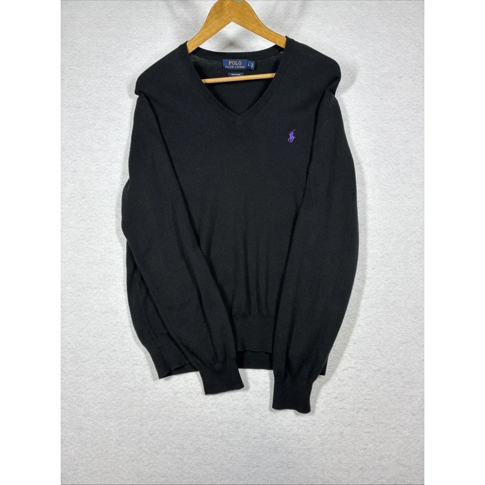 Polo Ralph Lauren Pima Cotton V Neck Sweater Mens Large Black Purple Pony Logo - Picture 1 of 6